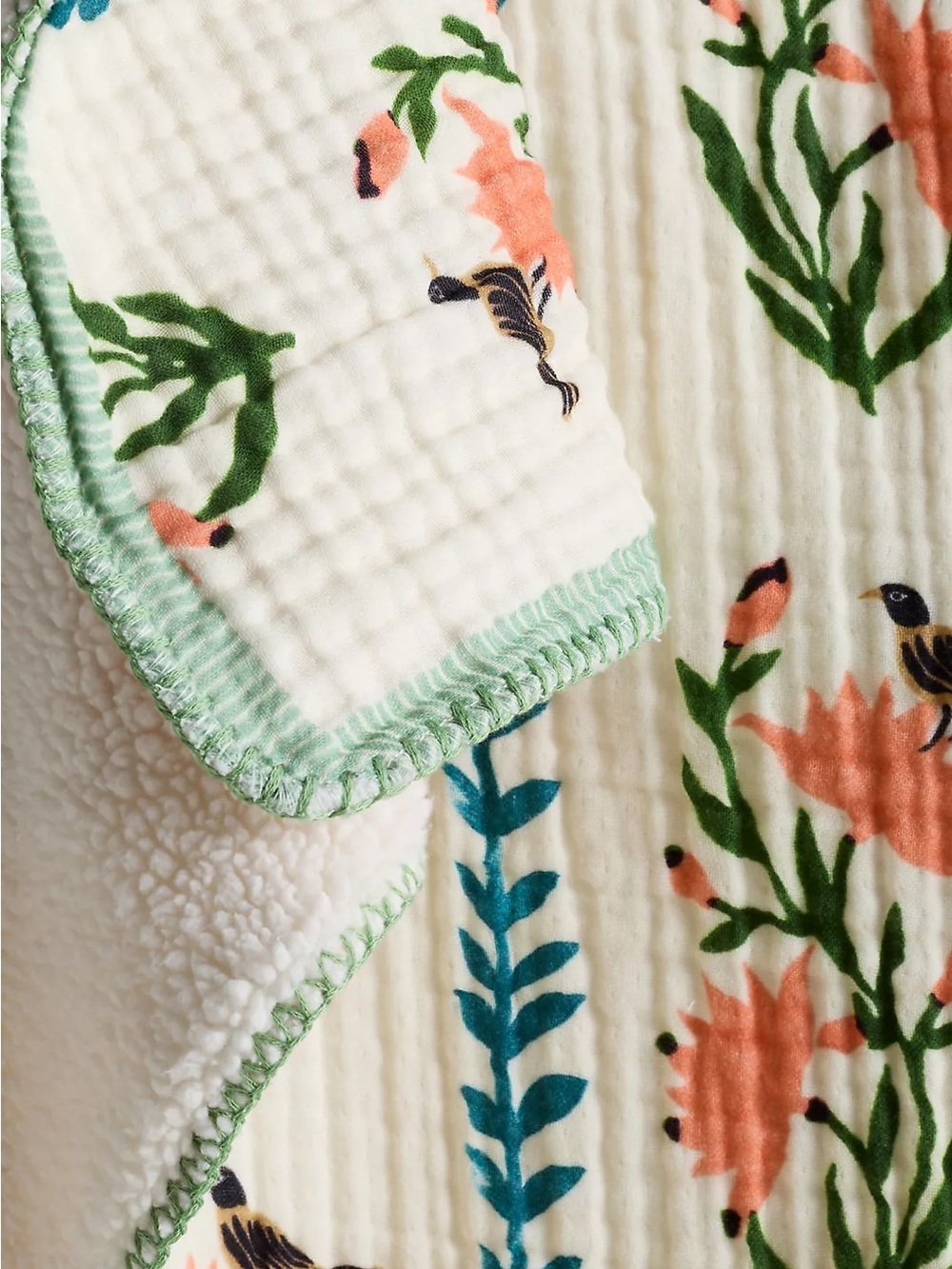 Anthropologie Gauze Cotton Sherpa Floral Printed Throw Blanket - Picture 2 of 5